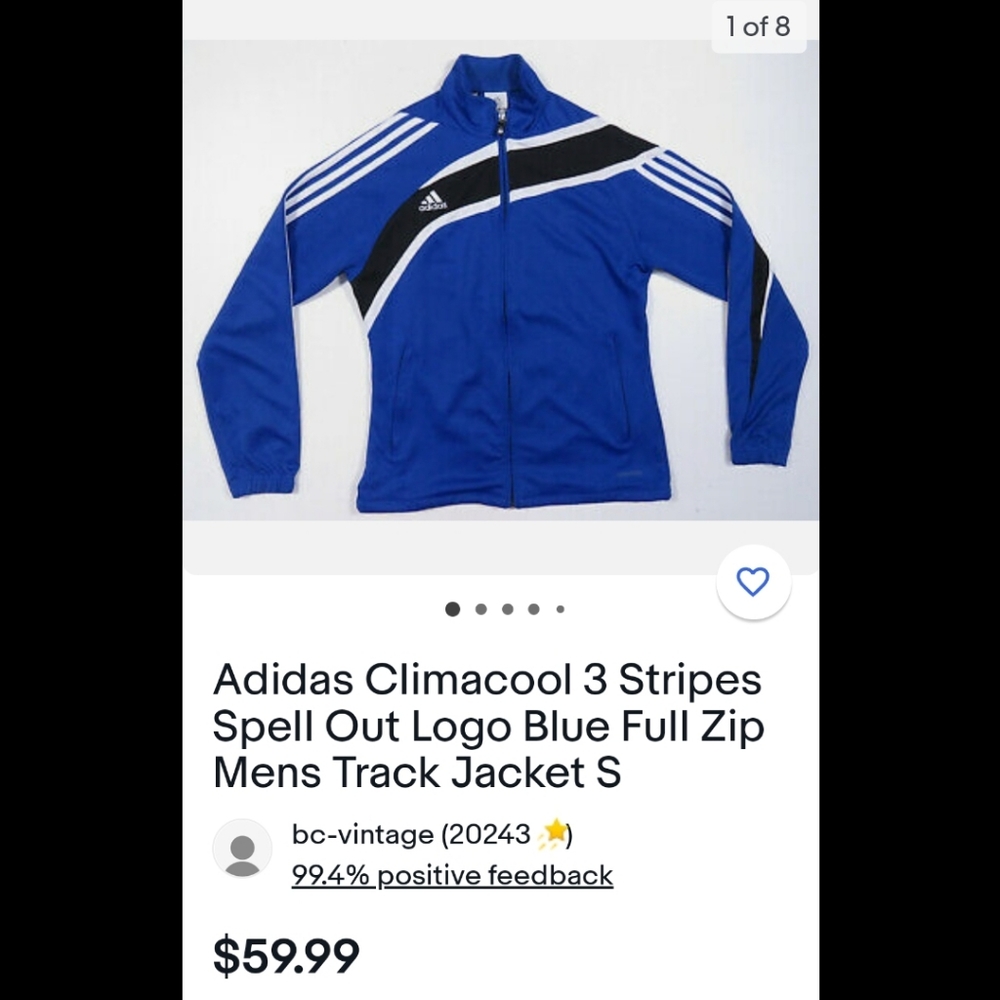 Adidas Climacool~3 Stripes~Spell Out Logo~Blue Full Zip Mens Track Jacket